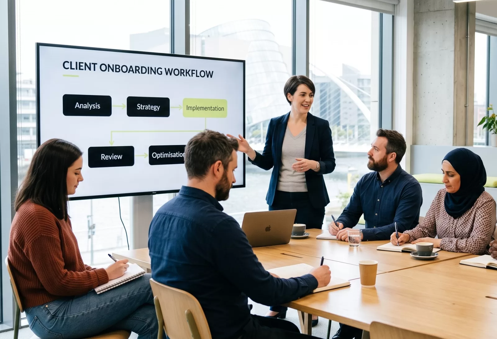 Team workshop in a Dublin office, with a client onboarding workflow on screen