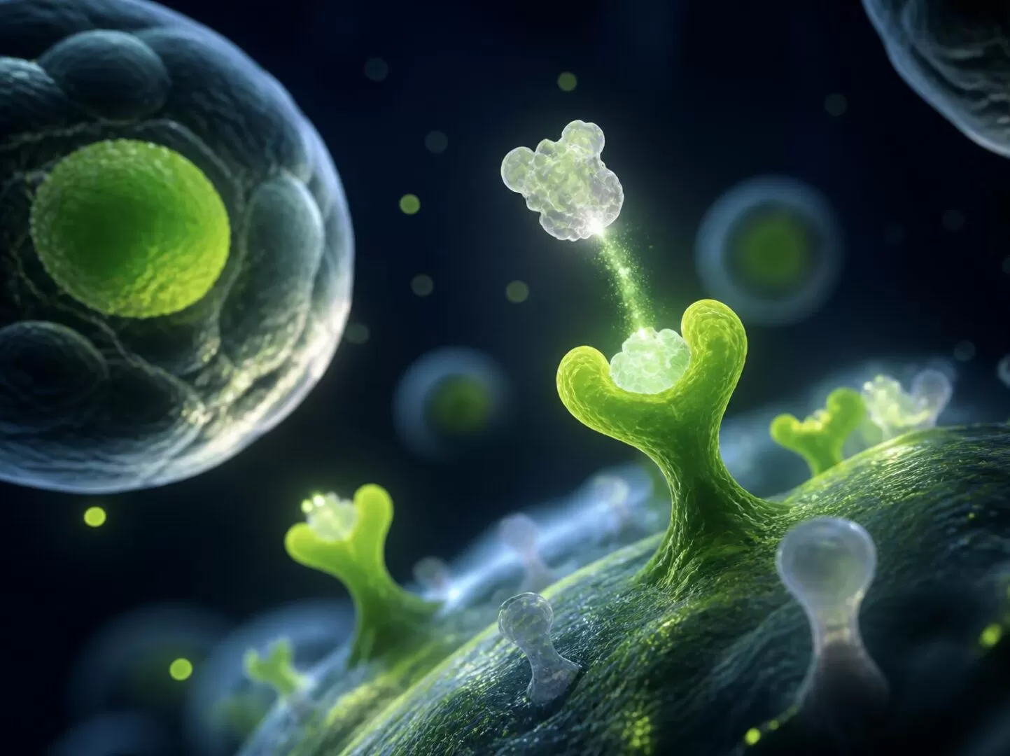 Abstract microscopic illustration of a green cellular structure releasing particles