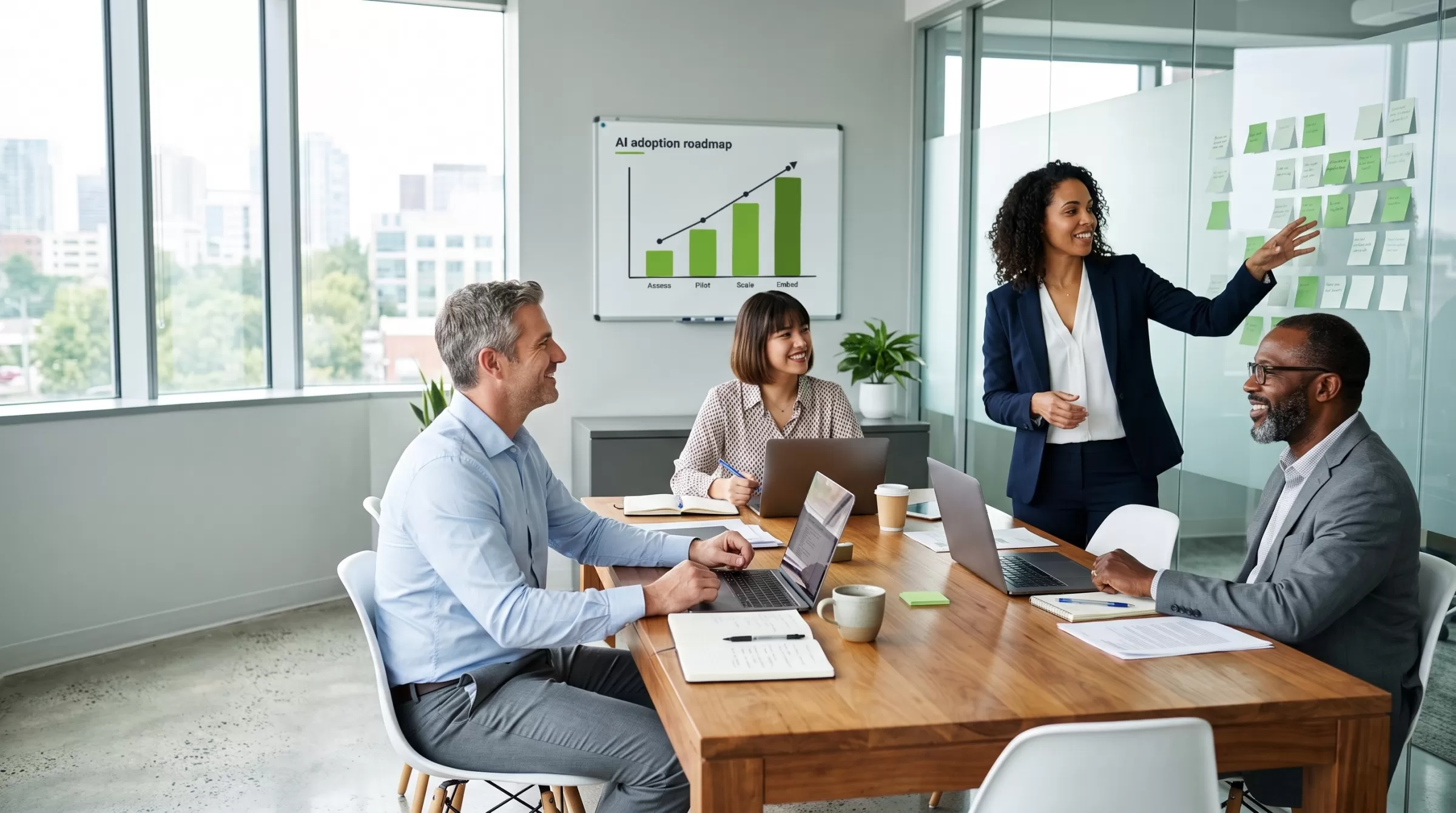 Team discussing an AI adoption roadmap in a meeting room