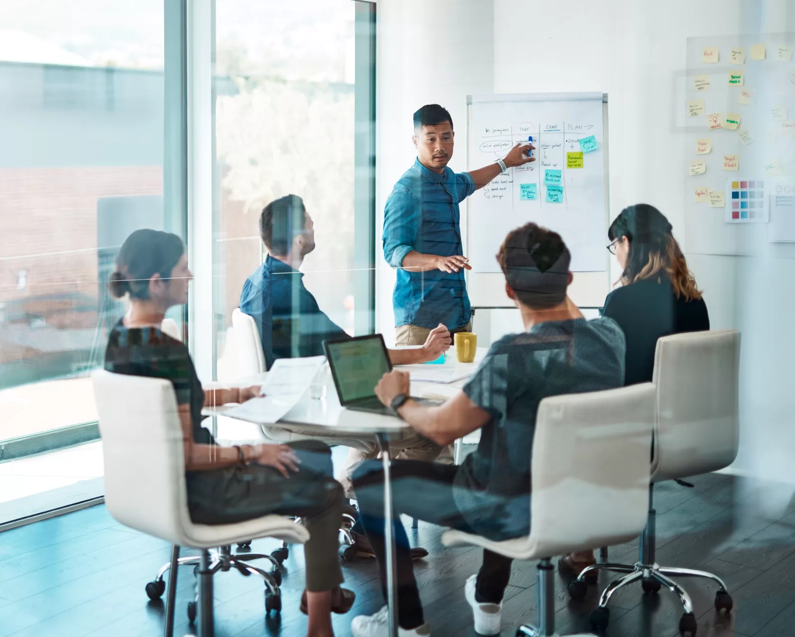 Team in a strategy session at a whiteboard in a glass-walled meeting room