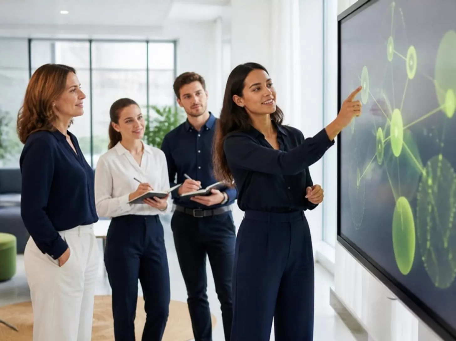 Mentor guiding a young professional through a digital workflow on a touchscreen while colleagues take notes
